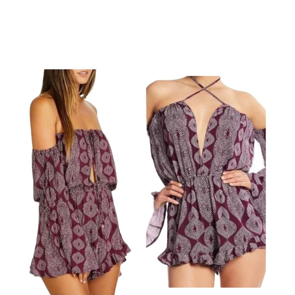 Radio Fiji Maroon Sokally Off the Shoulder Romper/ Beach Cover Up